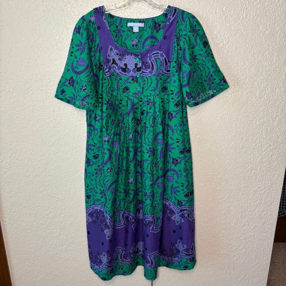 Only Necessities Green Purple Floral Print Midi Length Dress Women's Size 14/16 - Picture 1 of 14